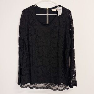 Chicos Blouse Womens 2 Large Black Lace Long Apparel Lely Lace Top Back Zip NWT